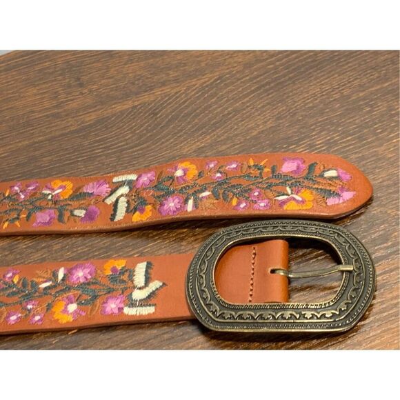 Vera Pelle Embroidered Brown Leather Belt - Picture 1 of 13